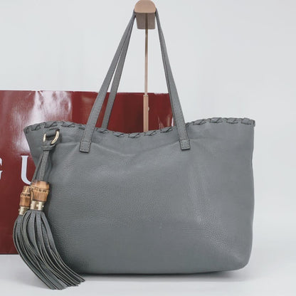 GUCCI Hand Bag Tote Purse Bamboo Leather Gray Authentic