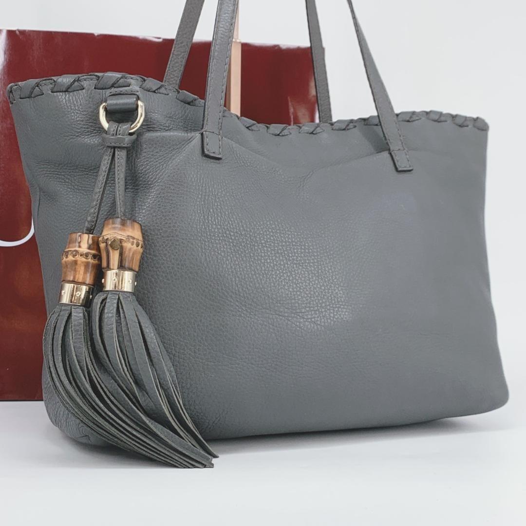 GUCCI Hand Bag Tote Purse Bamboo Leather Gray Authentic