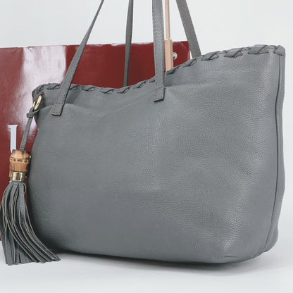 GUCCI Hand Bag Tote Purse Bamboo Leather Gray Authentic