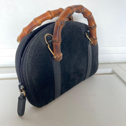 GUCCI Hand Shoulder Bag Tote Purse Bamboo Suede Black Authentic