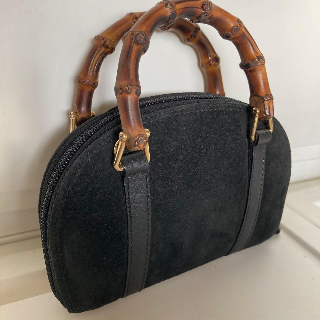 GUCCI Hand Shoulder Bag Tote Purse Bamboo Suede Black Authentic