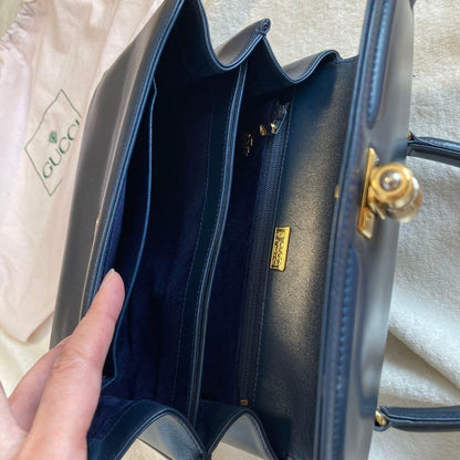 GUCCI Hand Bag Tote Purse Leather Navy Authentic