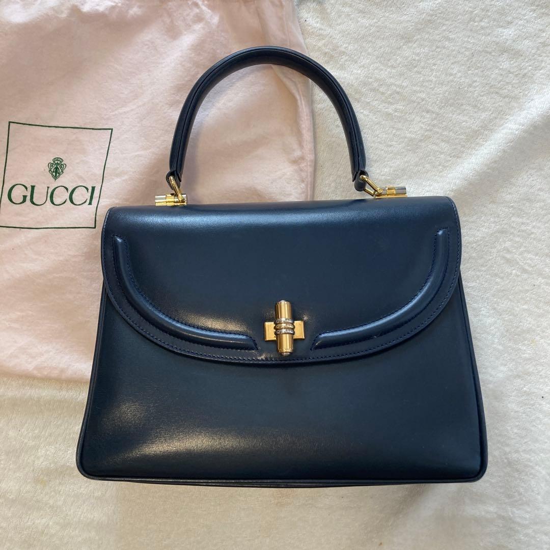 GUCCI Hand Bag Tote Purse Leather Navy Authentic