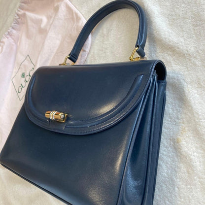 GUCCI Hand Bag Tote Purse Leather Navy Authentic