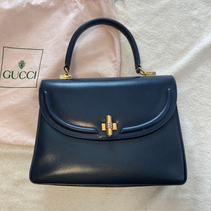 GUCCI Hand Bag Tote Purse Leather Navy Authentic
