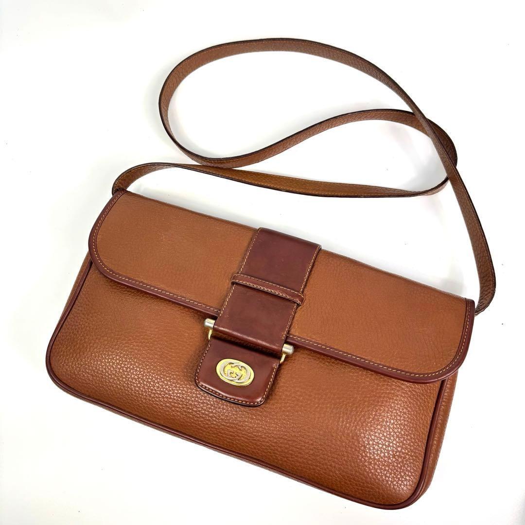 GUCCI Shoulder Bag Purse Interlocking Leather Brown Authentic