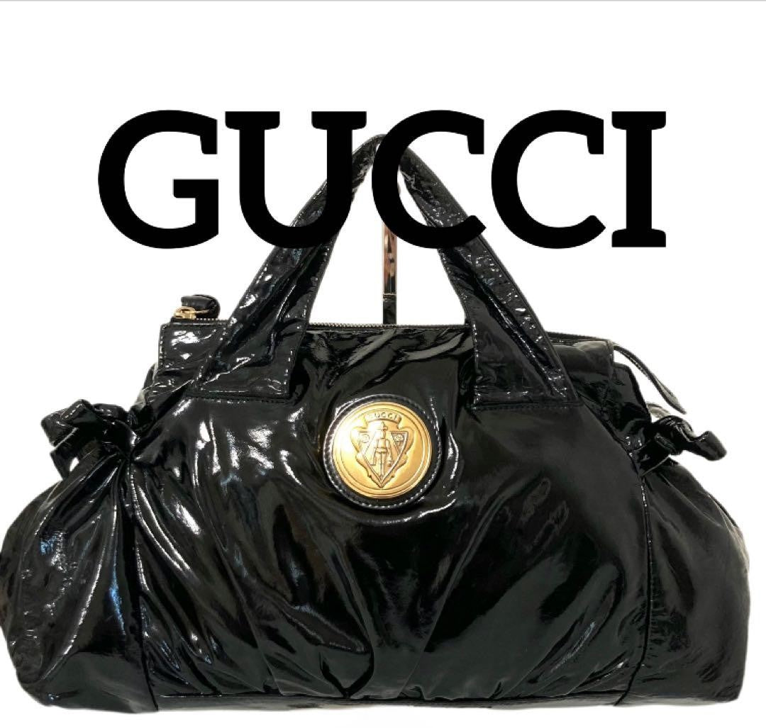 GUCCI Hand Bag Tote Purse Logo Patent Leather Black Authentic