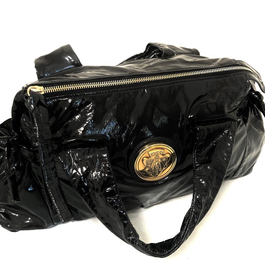 GUCCI Hand Bag Tote Purse Logo Patent Leather Black Authentic