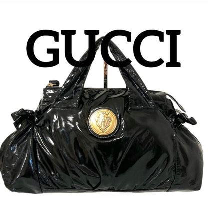 GUCCI Hand Bag Tote Purse Logo Patent Leather Black Authentic