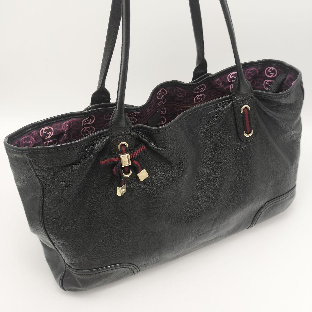 GUCCI Hand Bag Tote Purse Ribbon Leather Black Authentic