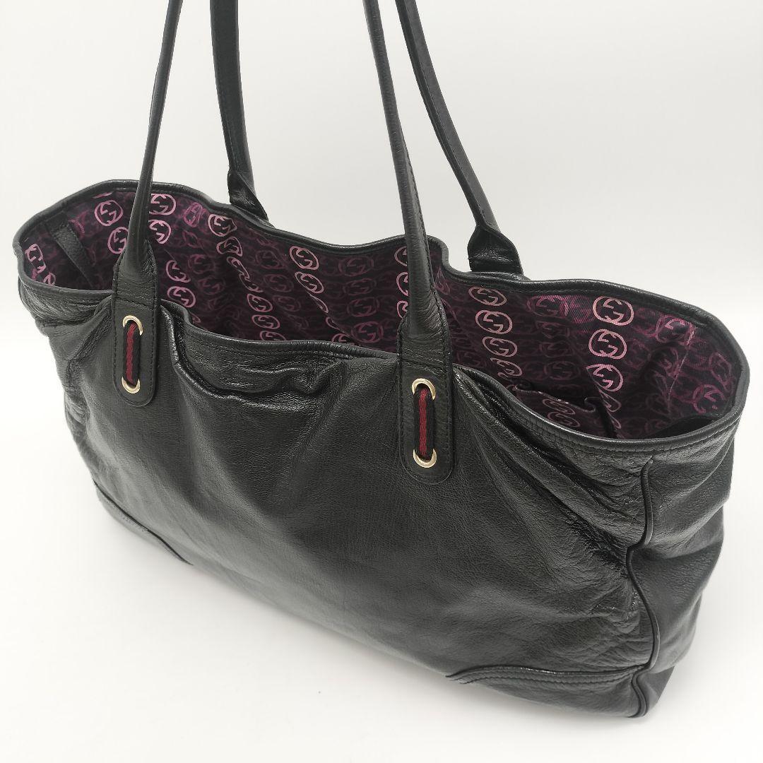GUCCI Hand Bag Tote Purse Ribbon Leather Black Authentic