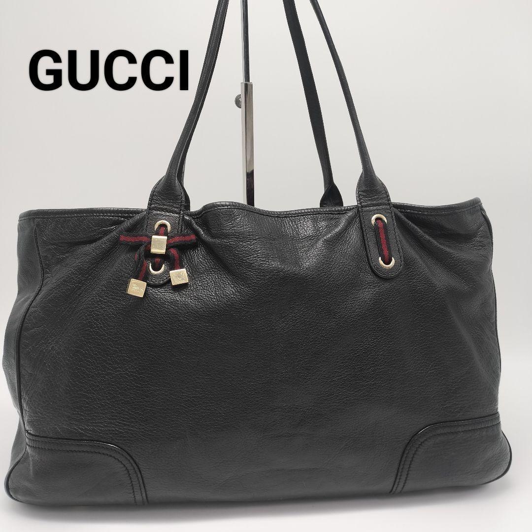 GUCCI Hand Bag Tote Purse Ribbon Leather Black Authentic