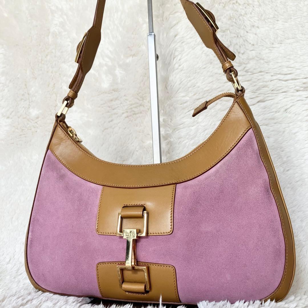 GUCCI One Shoulder Bag Purse Leather Suede Pink Brown Authentic
