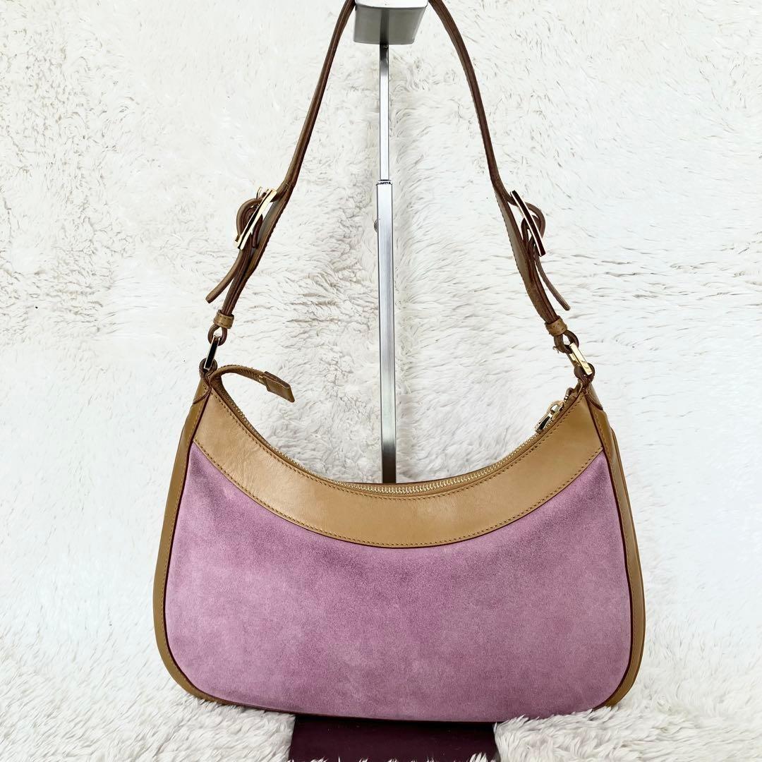GUCCI One Shoulder Bag Purse Leather Suede Pink Brown Authentic