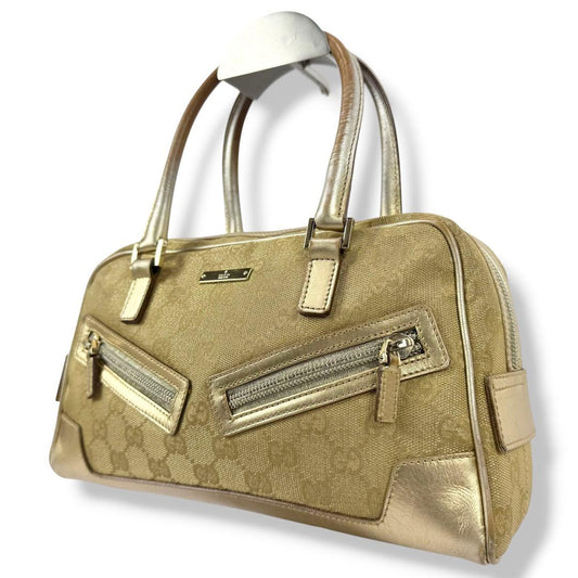GUCCI Hand Bag Tote Purse GG Canvas Leather Gold Beige Authentic