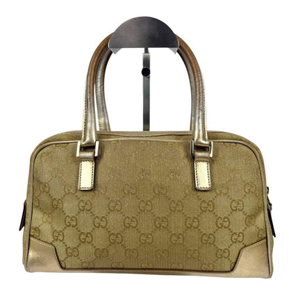 GUCCI Hand Bag Tote Purse GG Canvas Leather Gold Beige Authentic