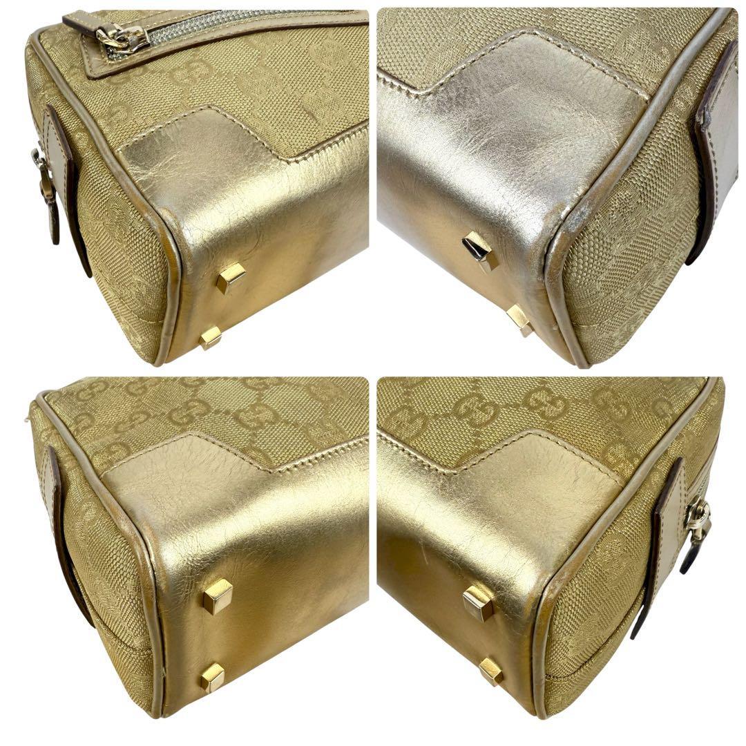 GUCCI Hand Bag Tote Purse GG Canvas Leather Gold Beige Authentic