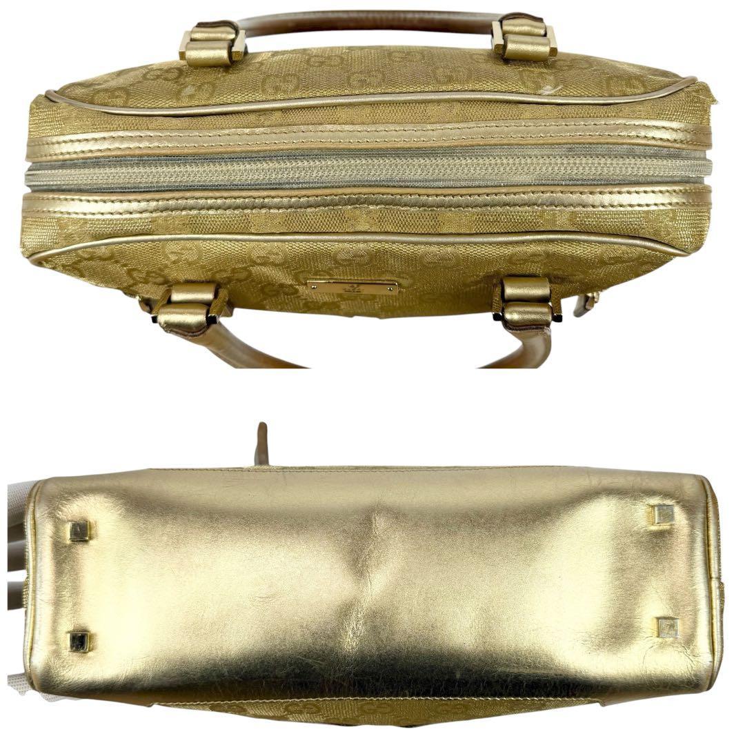 GUCCI Hand Bag Tote Purse GG Canvas Leather Gold Beige Authentic