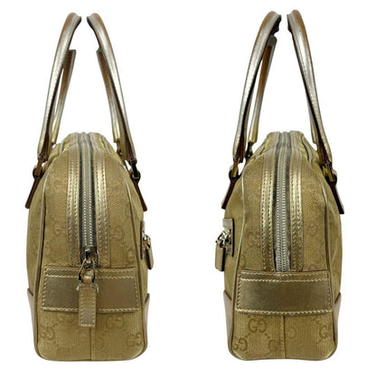 GUCCI Hand Bag Tote Purse GG Canvas Leather Gold Beige Authentic