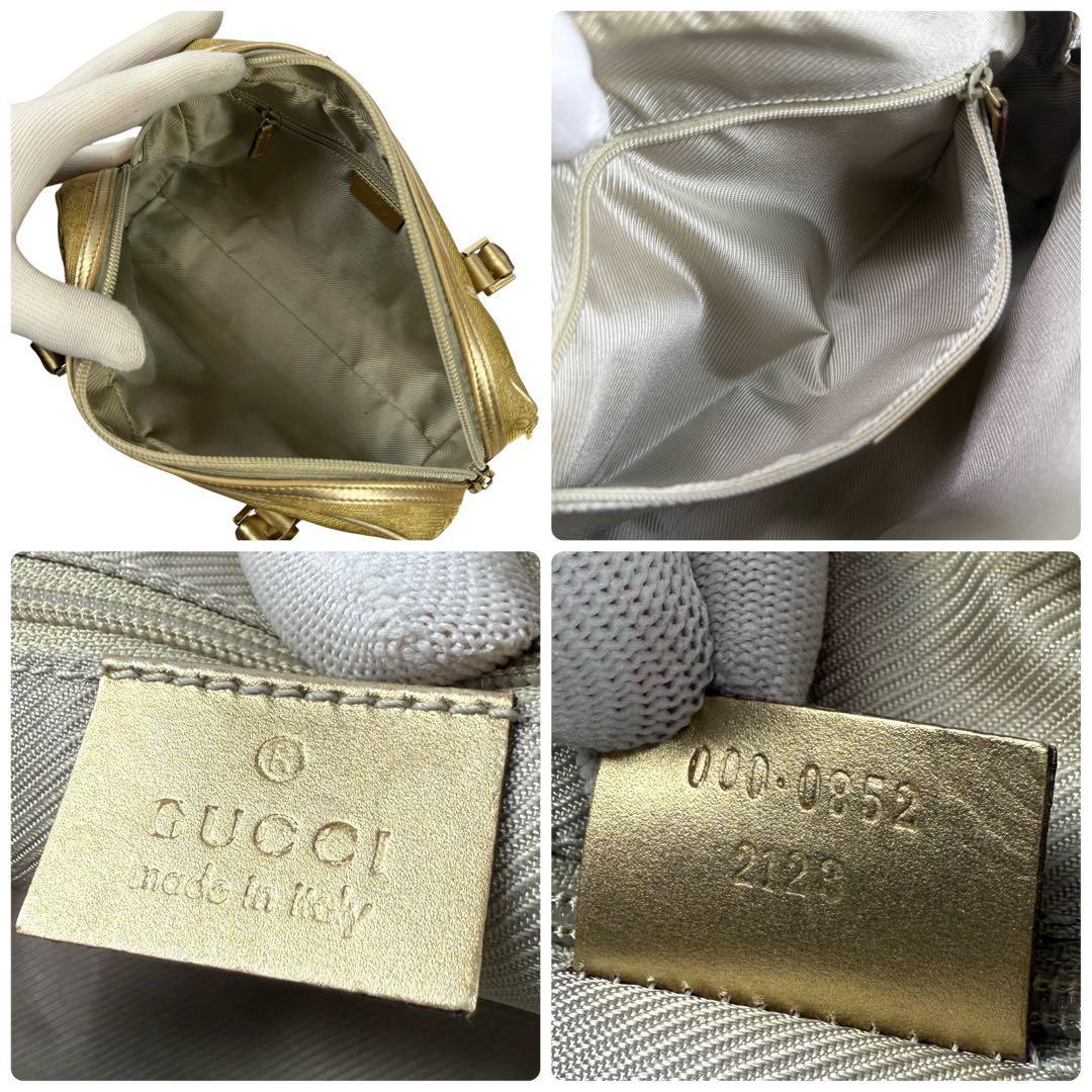 GUCCI Hand Bag Tote Purse GG Canvas Leather Gold Beige Authentic